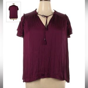 Paige Satin Burgundy Blouse with Ruffle Sleeves in Medium